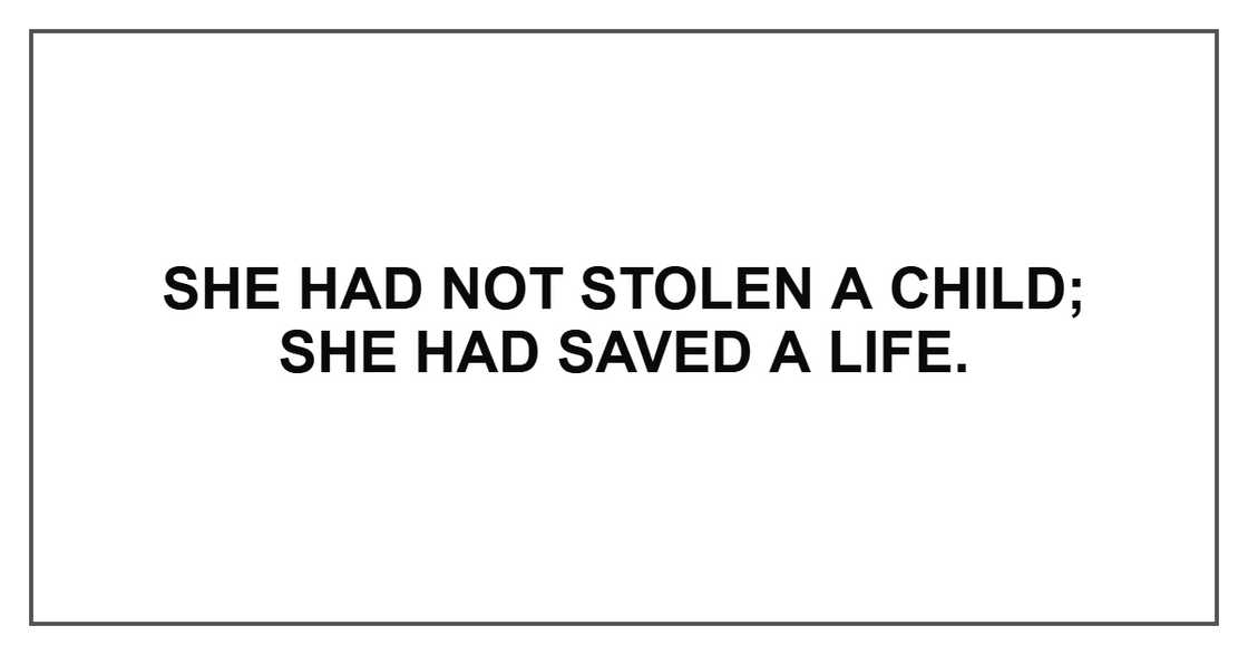She had not stolen a child; she had saved a life. She had not stolen a child; she had saved a life.
