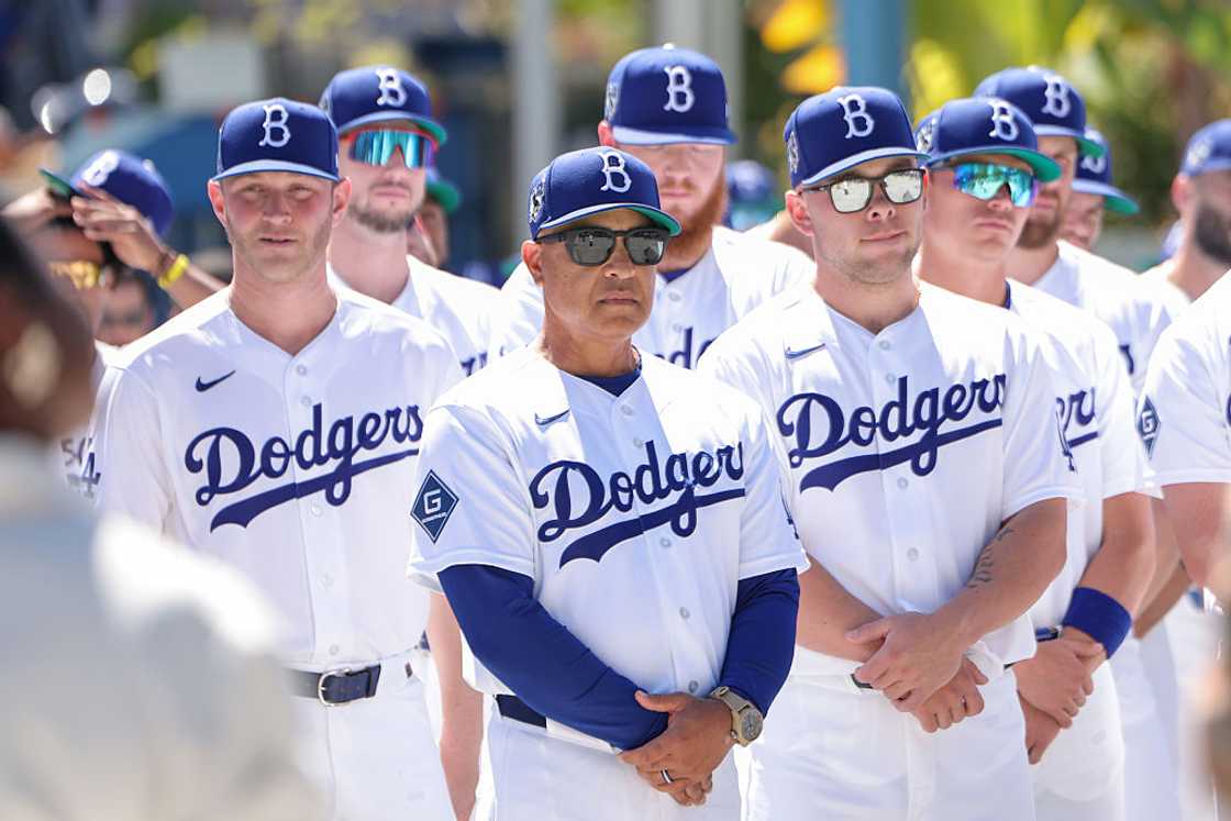 Members of the Los Angeles Dodgers in Los Angeles, California