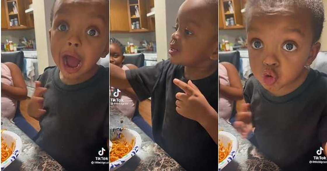 Little boy rejects noodles, grown man