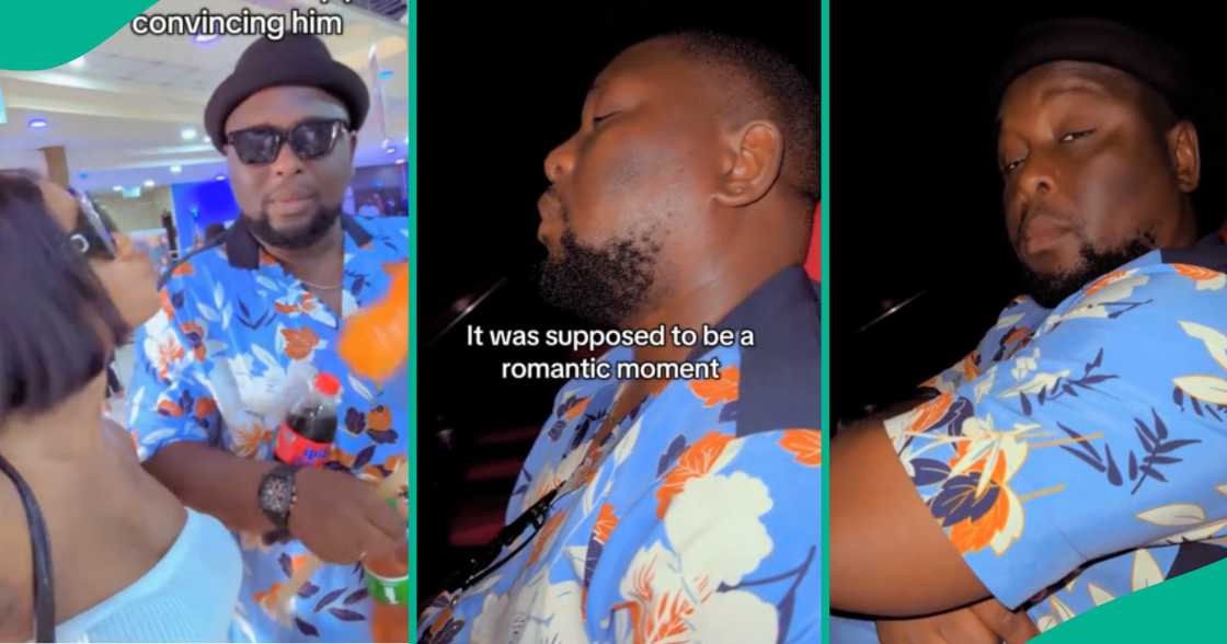 A Nigerian woman laments as she finds her husband sleeping after finally agreeing to follow her to watch a movie. A Nigerian woman laments as she finds her husband sleeping after finally agreeing to follow her to watch a movie.