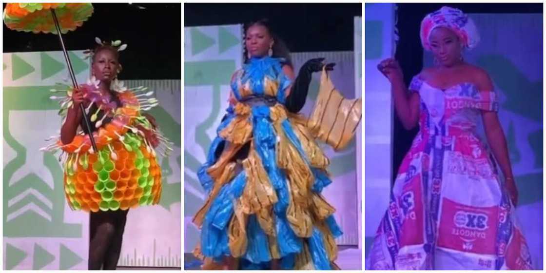 Varsity students in recycled fashion costumes Varsity students in recycled fashion costumes