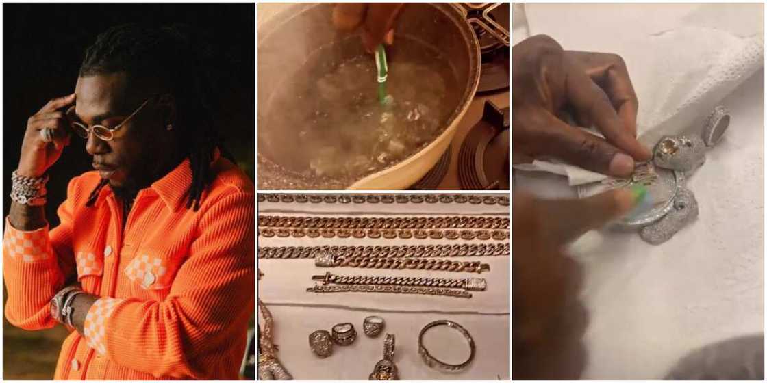 Burna Boy Flaunts Jewellery Collection on Social Media, Shares Video as He Washes Them Clean Burna Boy Flaunts Jewellery Collection on Social Media, Shares Video as He Washes Them Clean