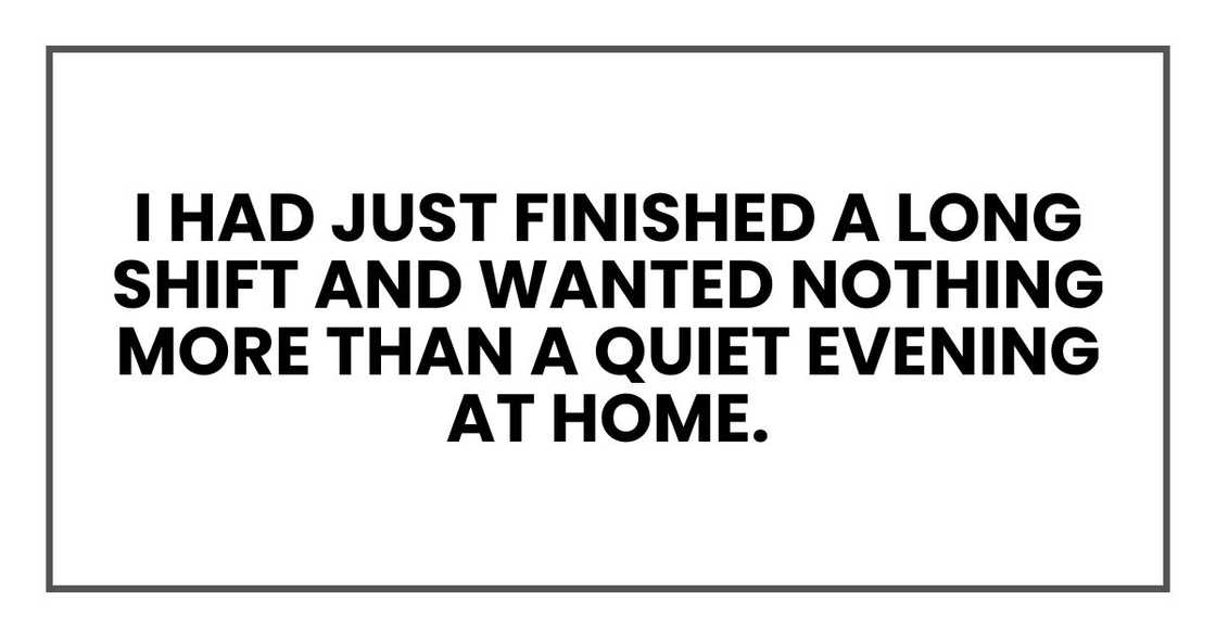 I had just finished a long shift and wanted nothing more than a quiet evening at home.