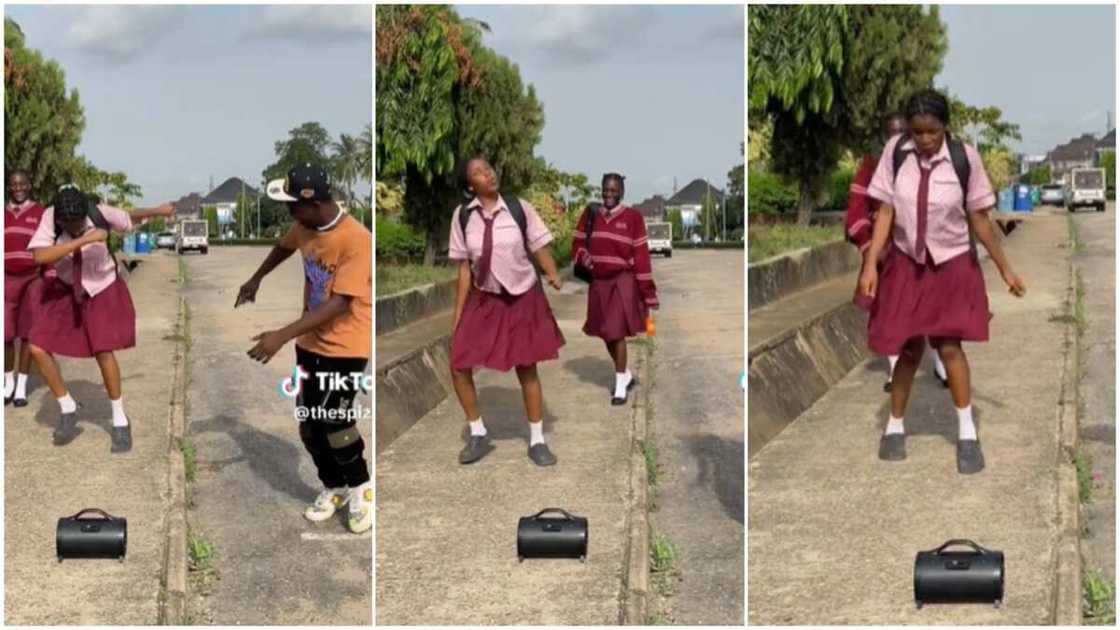 Girl in uniform danced/man engaged girl.