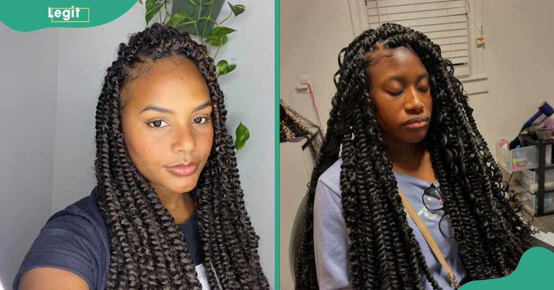 Two women show off their side-swept passion twists. Two women show off their side-swept passion twists.