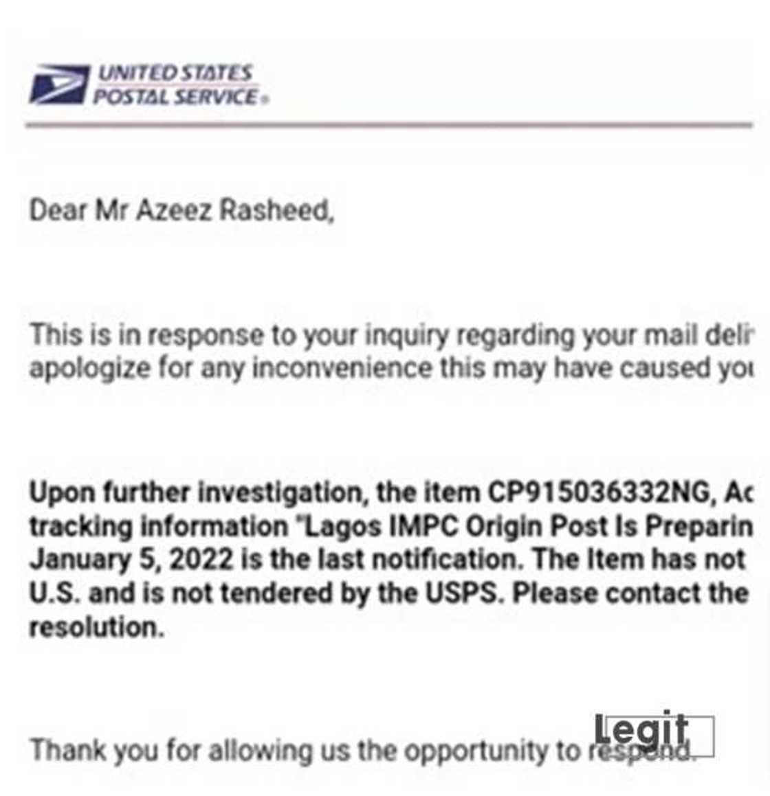 USPS email to Kazeem Olatubosun confirming that the parcel he sent through NIPOST failed to arrive in the US.