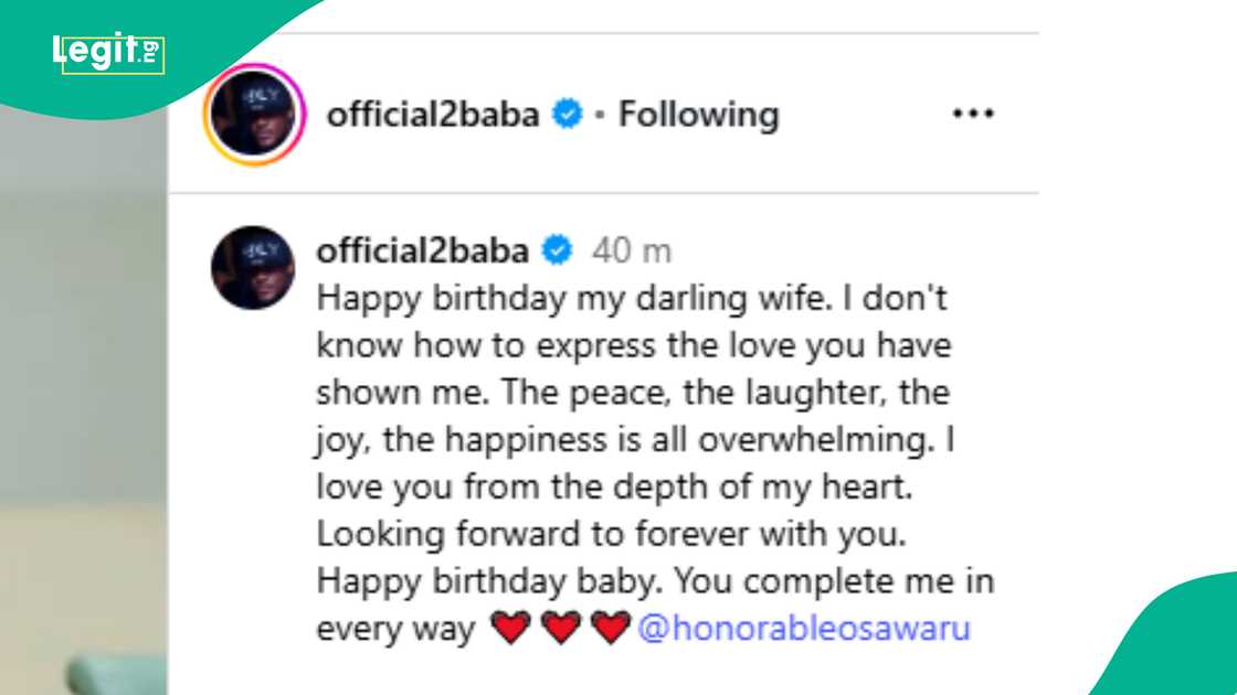 2Baba reveals Natasha Osawaru brought him joy and happiness.