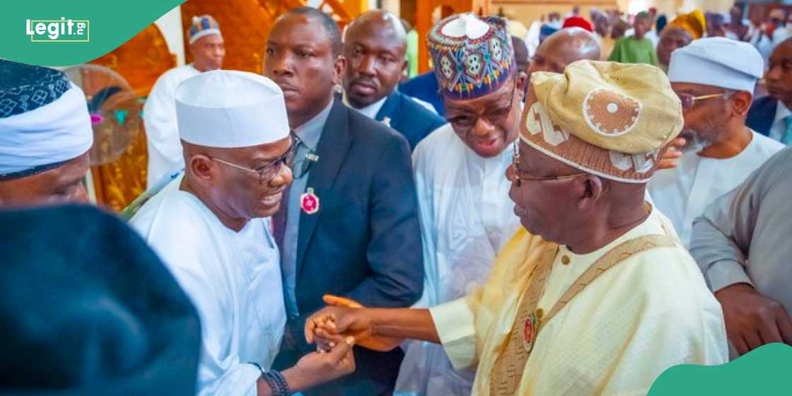 Senator Ndume greets Tinubu at Abuja national mosque