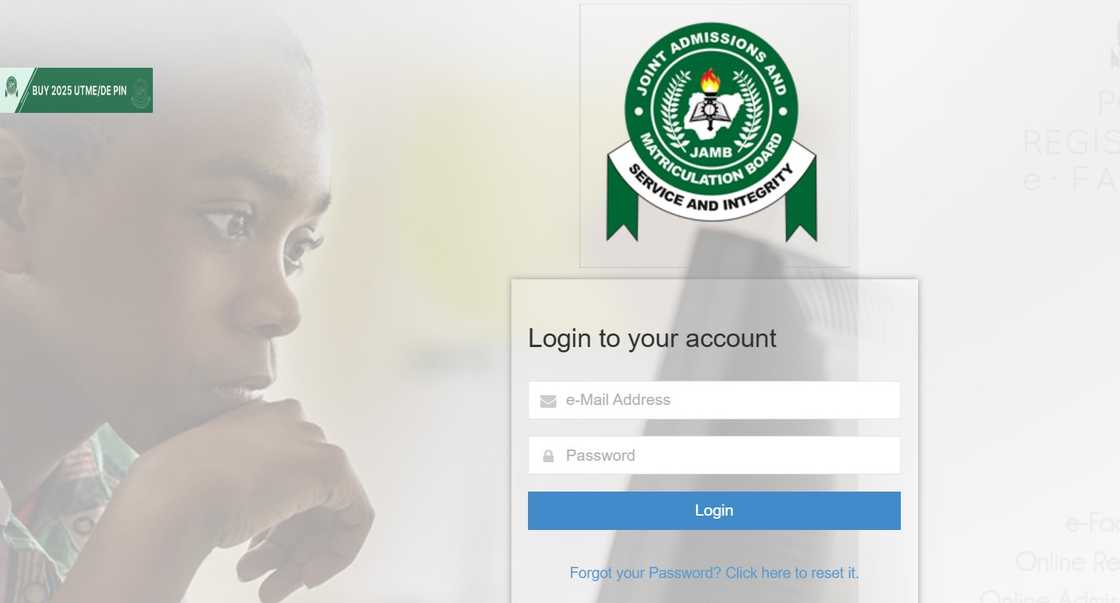 A screenshot of JAMB log in page A screenshot of JAMB log in page