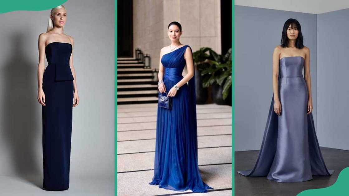 Purple column ball gown (L), royal blue column ball gown (C), and grey column ball gown (R)