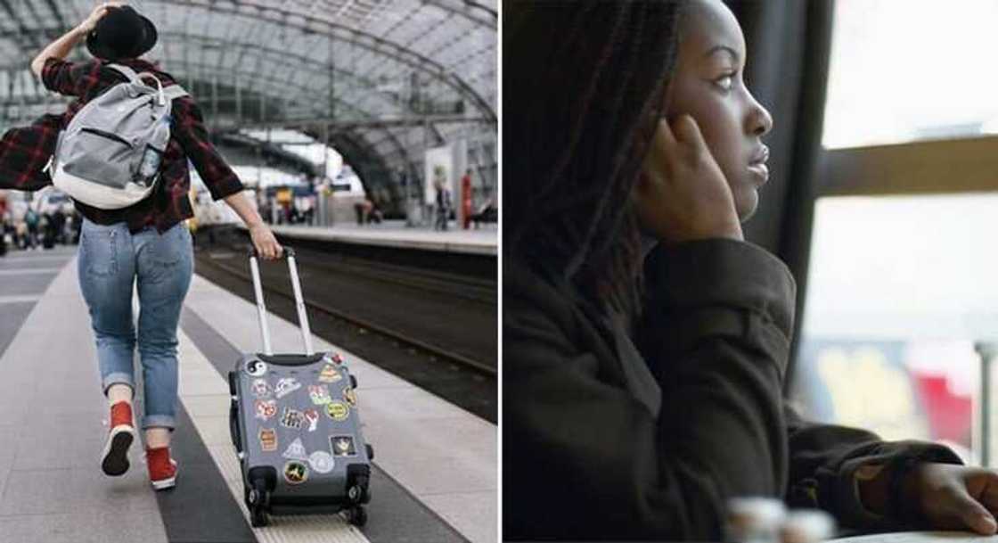 Lady dragging a traveling bag and another sitting sorrowfully.