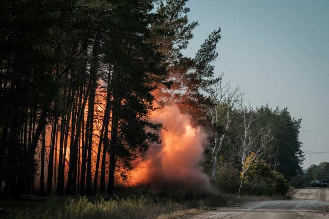 Collected anti-tank mines and explosives are detonated by the Ukrainian national police emergency demining team near the recently retaken town of Lyman in Donetsk region Collected anti-tank mines and explosives are detonated by the Ukrainian national police emergency demining team near the recently retaken town of Lyman in Donetsk region