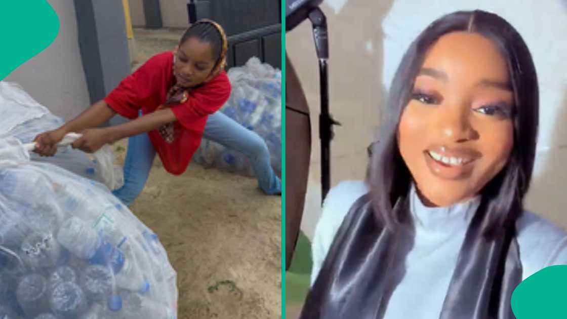 Nigerian lady sells empty water bottles, earns N11,000, saved for 7 months, siblings help, tricycle load, TikTok post, recycling, environmental benefits, reactions, social media, struggle, viral story.