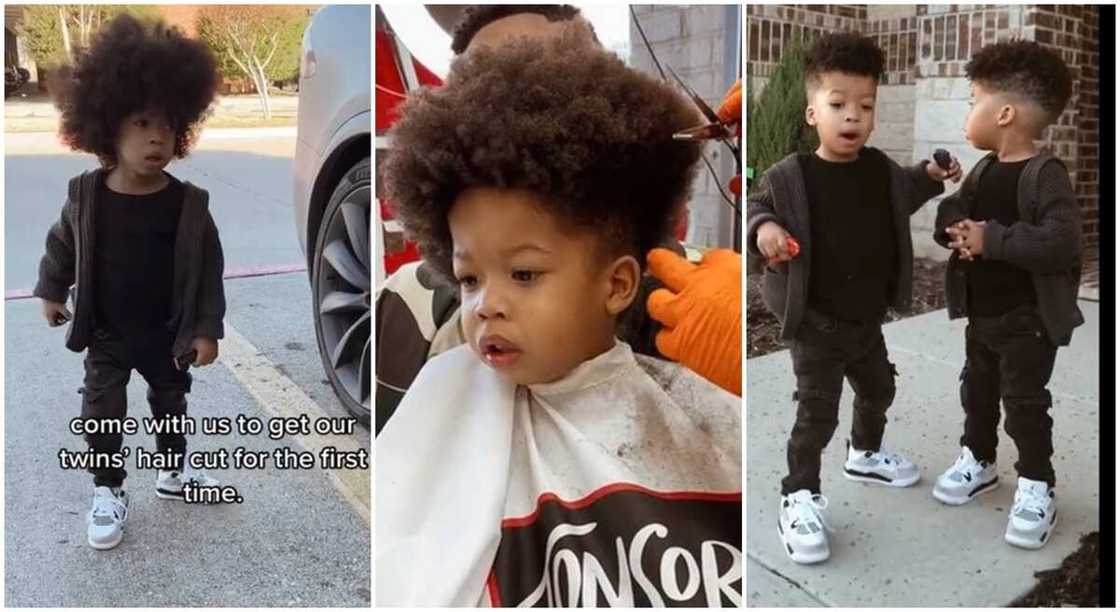 Photos of twin babies with thick hair.