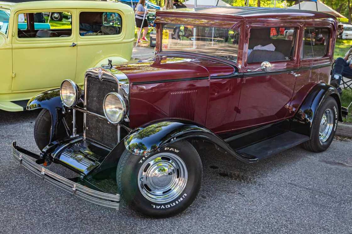 High perspective front corner view of a 1929 Chevrolet AC series international at a local car show. High perspective front corner view of a 1929 Chevrolet AC series international at a local car show.