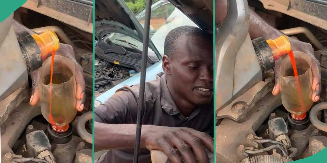 Man pouring palm oil into car engine.