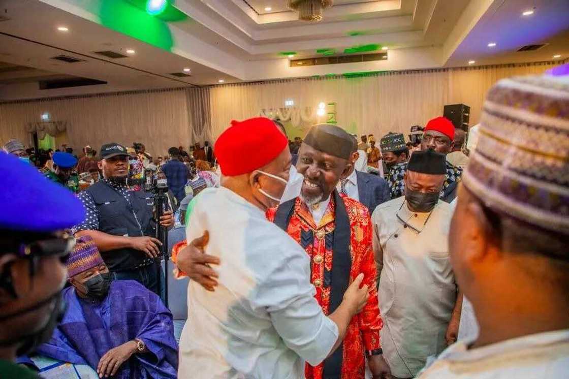 Hope Uzodinma, Rochas Okorocha hug at Abuja event