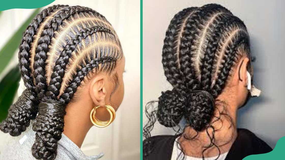 Straight back cornrow braids with two low buns