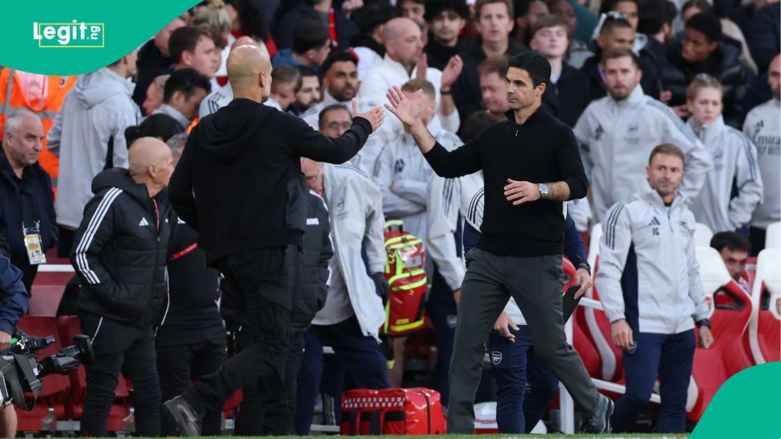 Mikel Arteta, Pep Guardiola, Arsenal, Manchester City, Emirates Stadium, London, England, Premier League. Mikel Arteta, Pep Guardiola, Arsenal, Manchester City, Emirates Stadium, London, England, Premier League.