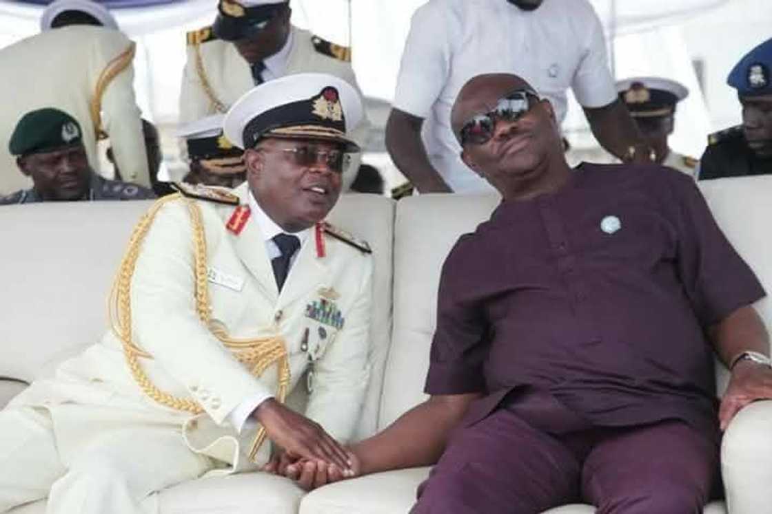 An old photo of Nyesom Wike and Vice Admiral Ibokette Ibas shaking hands shortly after President Bola Tinubu appointed the latter as Rivers state's new sole administrator trends.