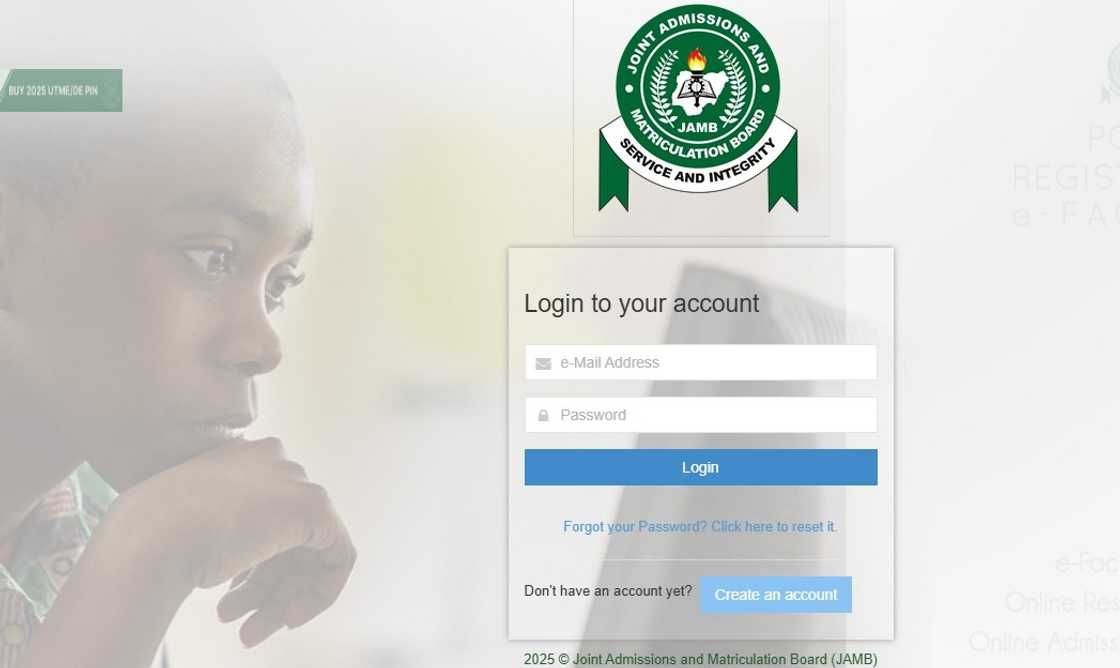The JAMB e-Facility portal's login page The JAMB e-Facility portal's login page