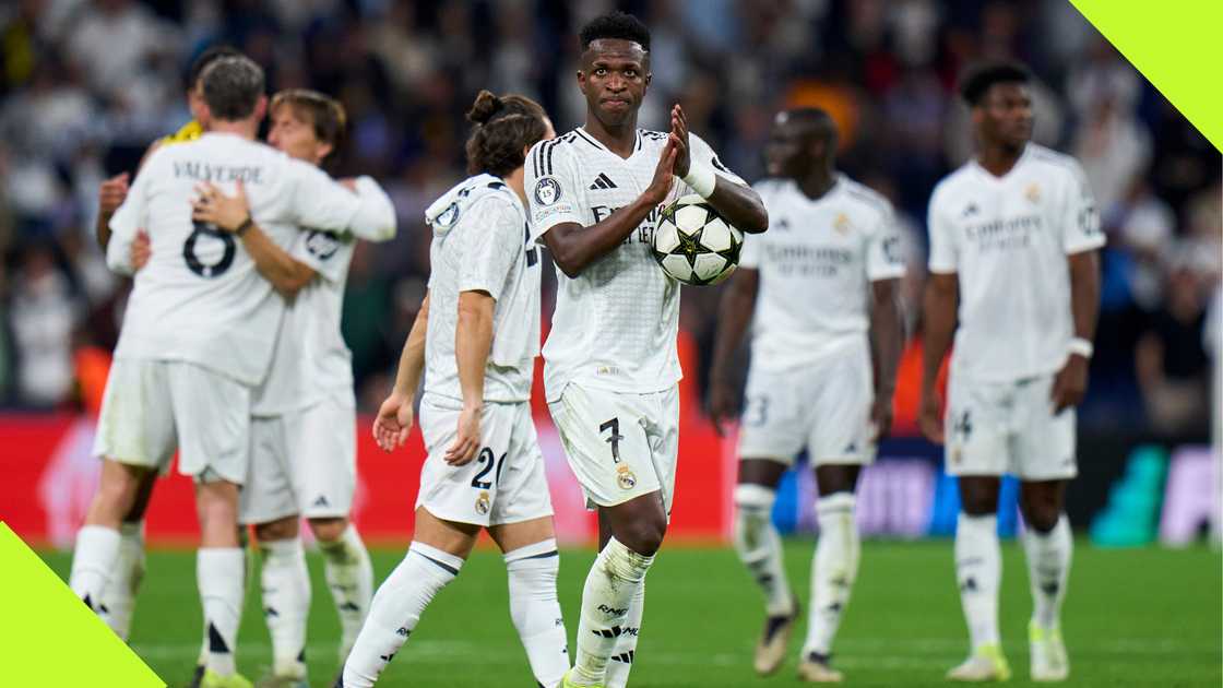 Vinicius Junior and his Real Madrid teammates celebrate their epic fightback victory against Dortmund in the Champions League. Vinicius Junior and his Real Madrid teammates celebrate their epic fightback victory against Dortmund in the Champions League.