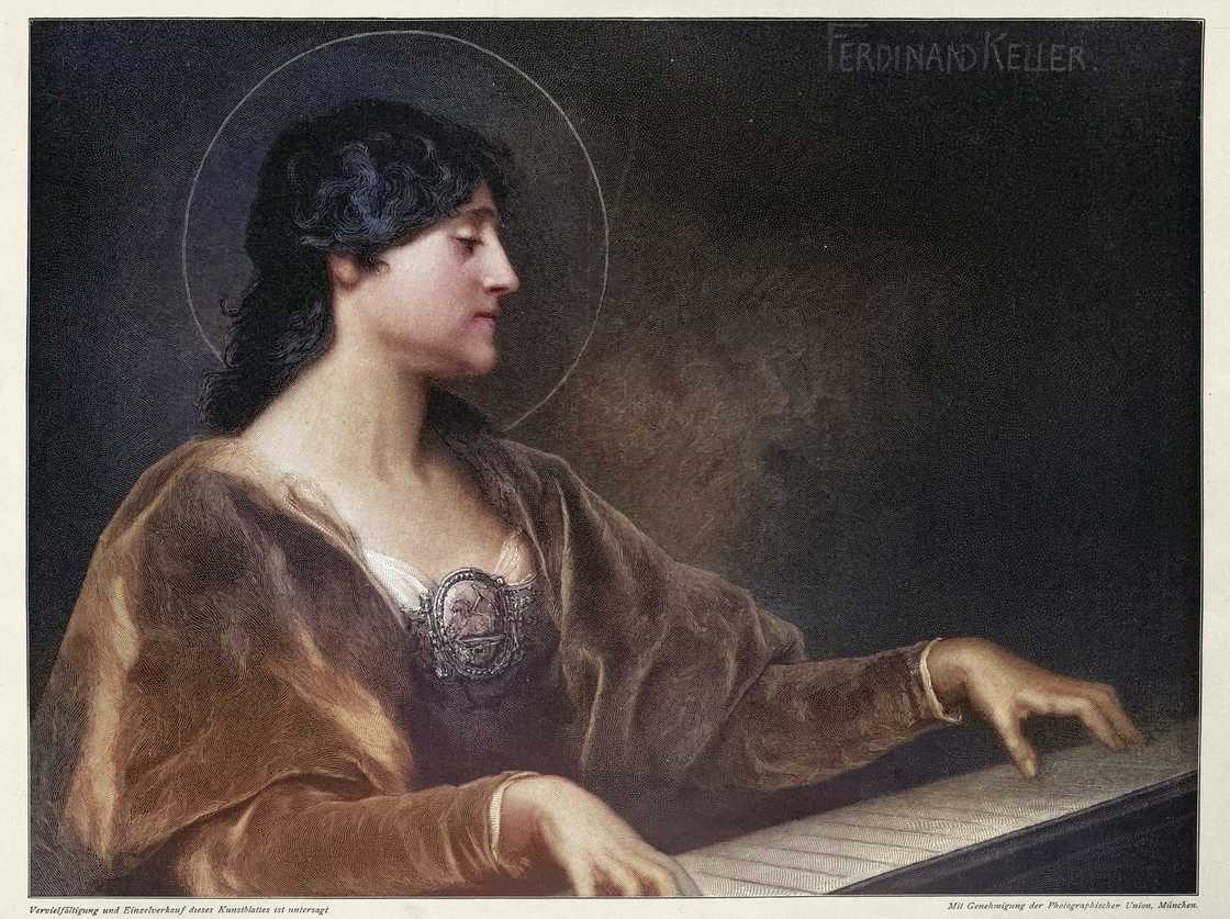 Vintage illustration of Saint Cecilia playing the piano.