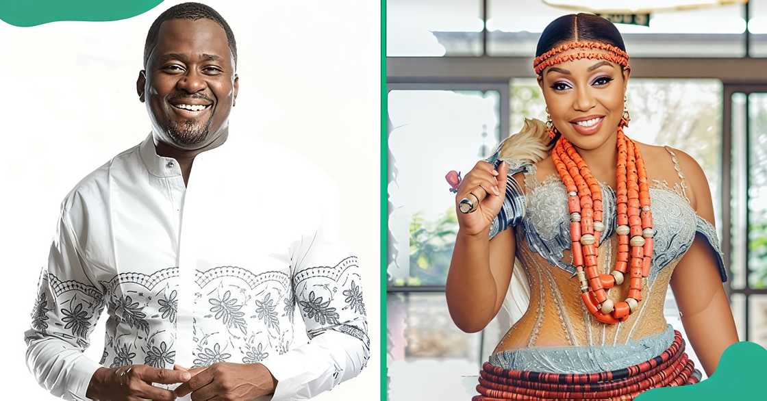 Desmond Elliot and Rita Dominic pose standing in different places.