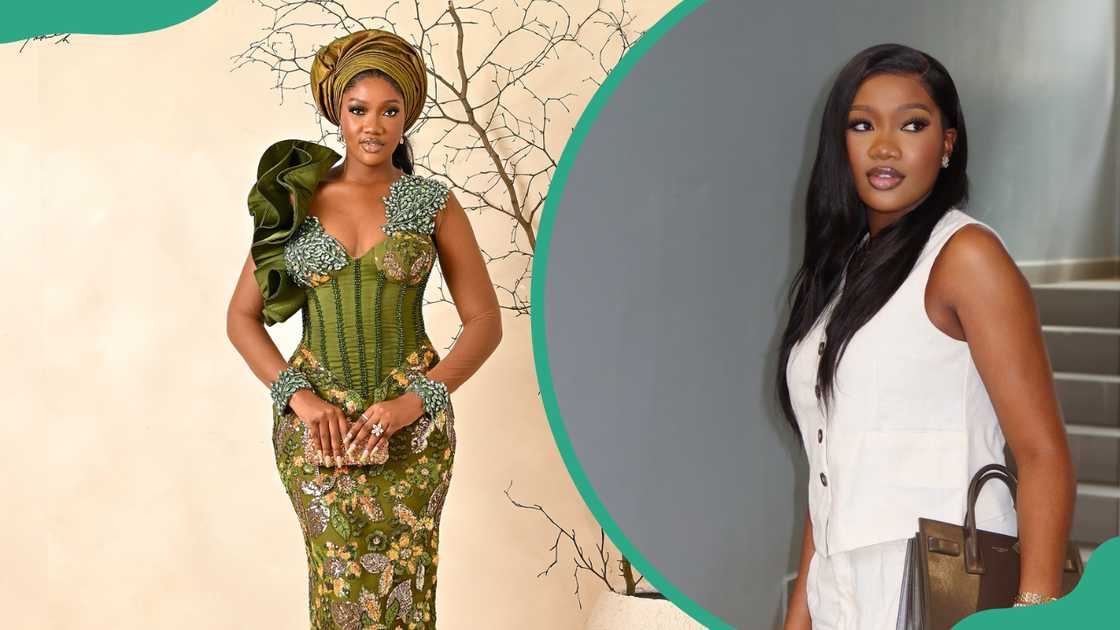 Chinenye Nnebe poses in a green African outfit, and she poses in a white outfit