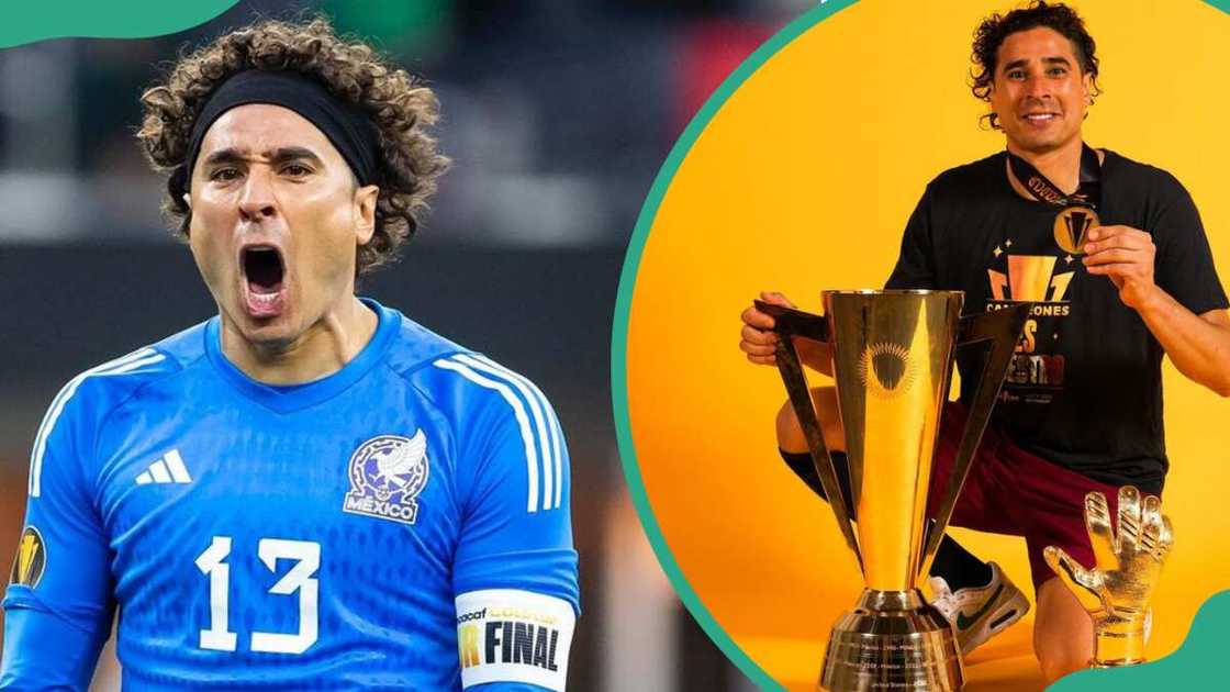 Memo Ochoa celebrating a moment during a football match (L). The goalkeeper displays some of his trophies (R) Memo Ochoa celebrating a moment during a football match (L). The goalkeeper displays some of his trophies (R)