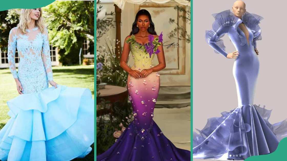 Light blue gown (L), multicoloured gown (C), and a metallic blue mermaid ball gown (R) Light blue gown (L), multicoloured gown (C), and a metallic blue mermaid ball gown (R)
