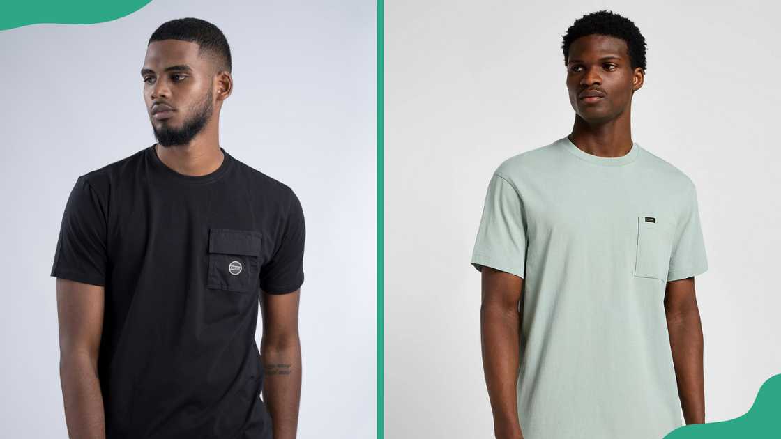 Men showcasing a black and cream white pocket tee t-shirts.