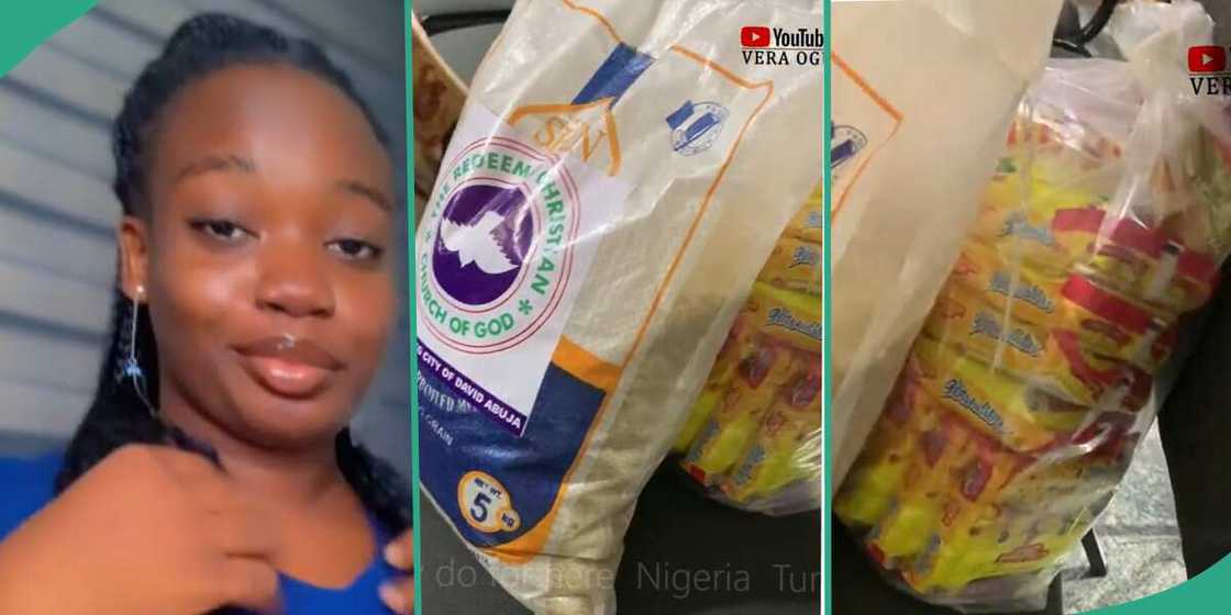 Lady shows gifts she got at church. Lady shows gifts she got at church.