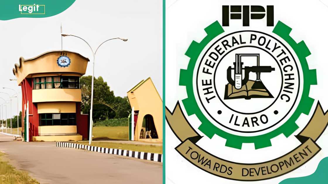 Federal Polytechnic Ilaro meain entrance gate (L). The Federal Polytechnic Ilaro logo (R)