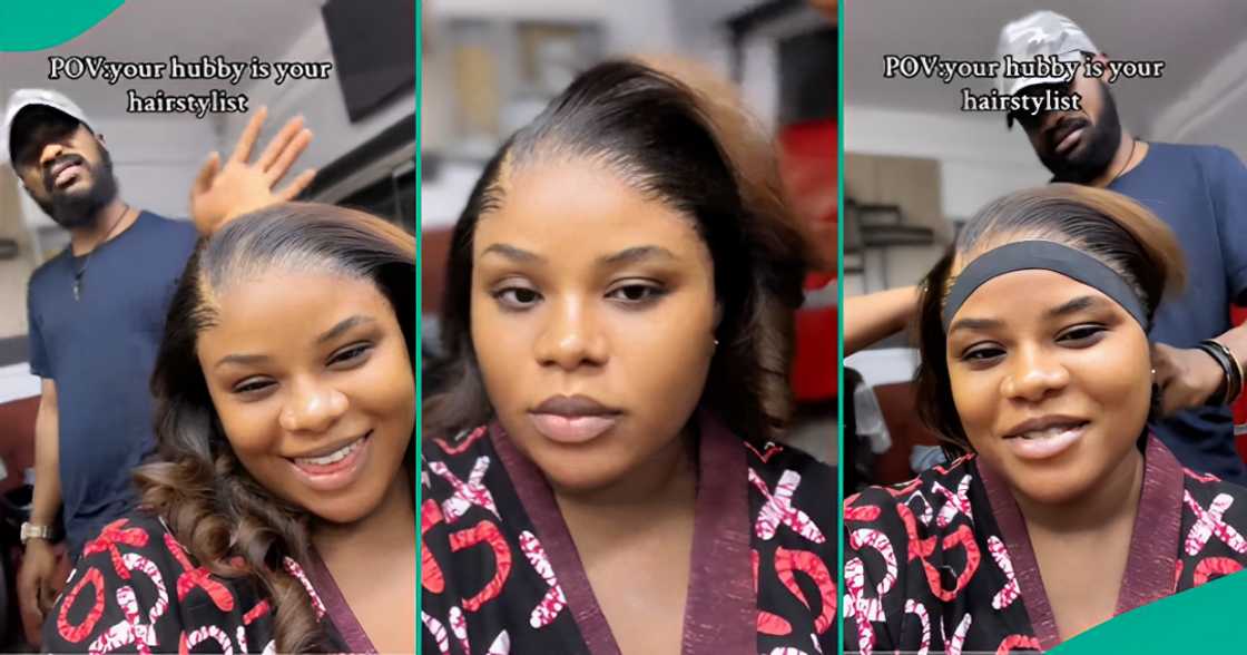 Lady Shares Video of Her Husband Making Her Hair, Netizens Hail His Hairstyling Skills