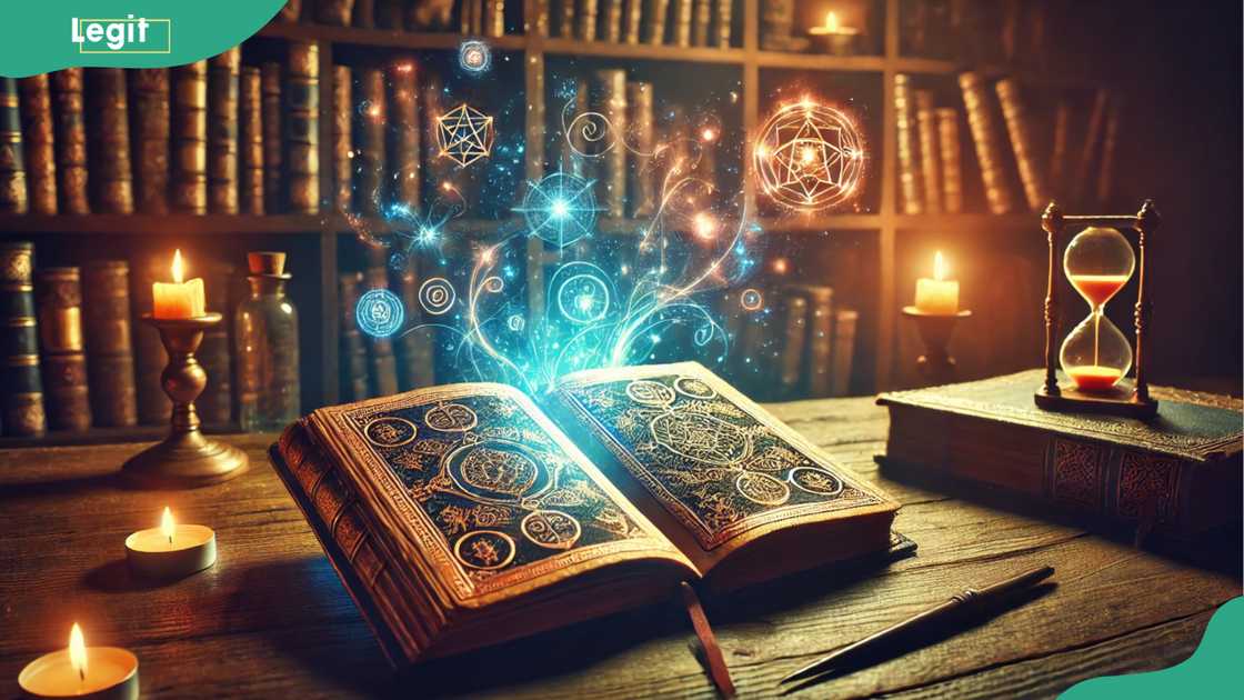 A dimly lit library with mystical symbols A dimly lit library with mystical symbols