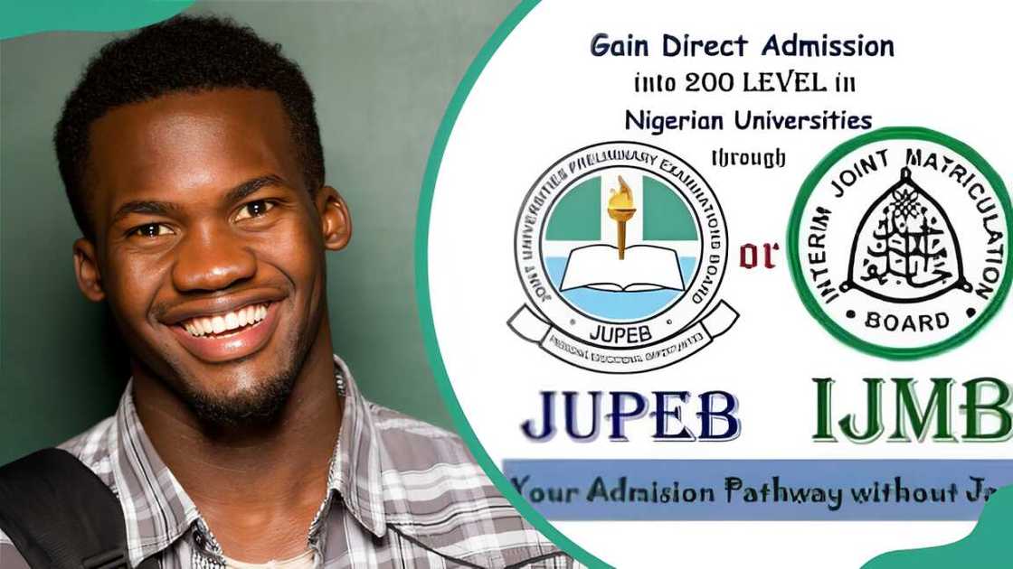 A student smiling (L). Logos of JUPEB and IJMB (R).