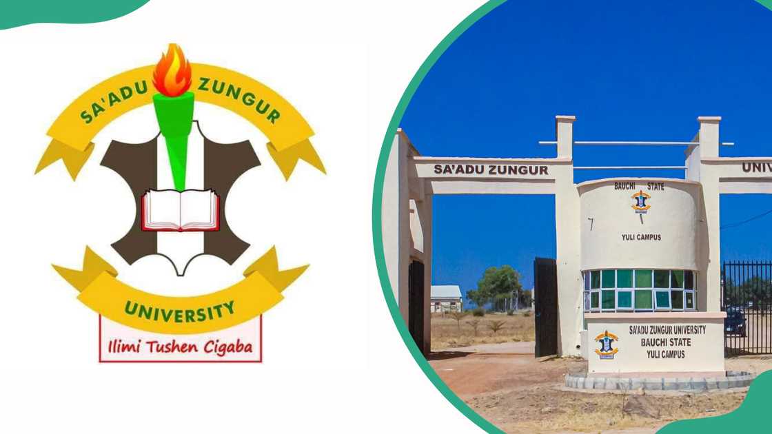 Sa'adu Zungur University logo (L) and section of the main gate (R)