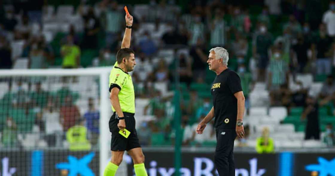 Roma boss Jose Mourinho sees the red card during the friendly football match played between Real Betis Balompie and AS Rome at Benito Villamarin stadium. (Photo By Joaquin Corchero/Europa Press via Getty Images) Roma boss Jose Mourinho sees the red card during the friendly football match played between Real Betis Balompie and AS Rome at Benito Villamarin stadium. (Photo By Joaquin Corchero/Europa Press via Getty Images)