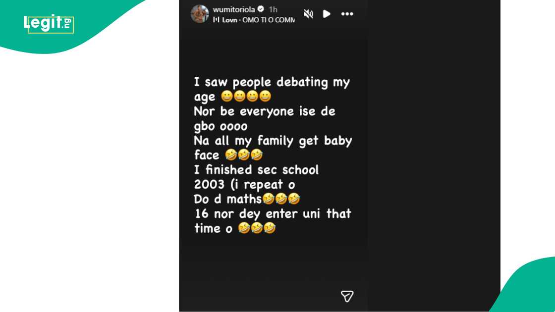 Nollywood actress Wumi Toriola reveals she graduated from secondary school in 2003 Nollywood actress Wumi Toriola reveals she graduated from secondary school in 2003