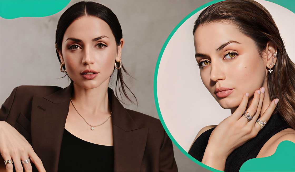 Ana de Armas poses sitting for a magazine and a Louis Vuitton jewelry collection.