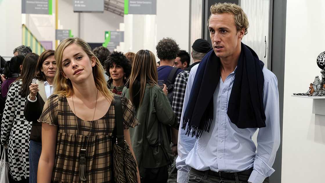 Emma Watson and Jay Barrymore walk next to each other at the Frieze Art Fair in London. Emma Watson and Jay Barrymore walk next to each other at the Frieze Art Fair in London.