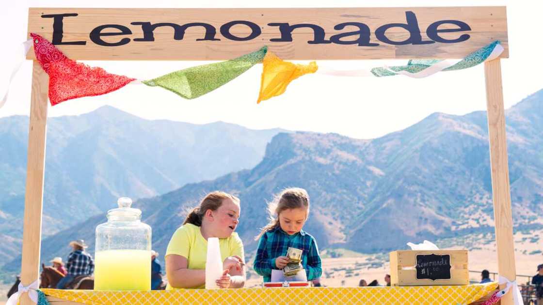 Two young girls counting money at their lemonade stand Two young girls counting money at their lemonade stand