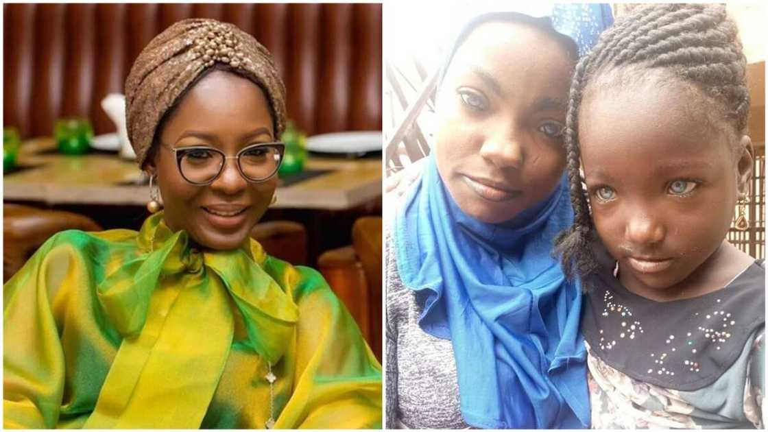 A collage of the first lady and the blue-eyed girl with her mom. Photos source: ThisDay A collage of the first lady and the blue-eyed girl with her mom. Photos source: ThisDay