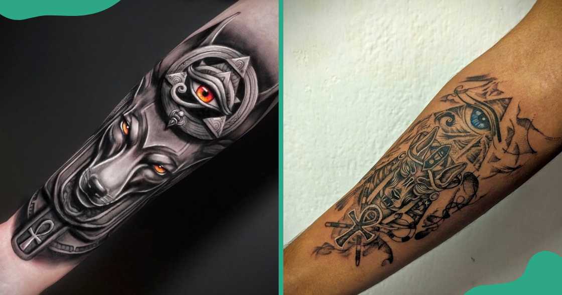 Eye of Horus tattoos with coloured pupils on arms