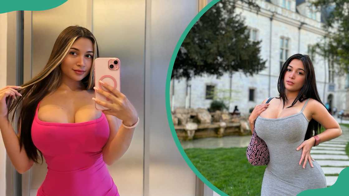 Pandora Kaaki in pink and grey dresses