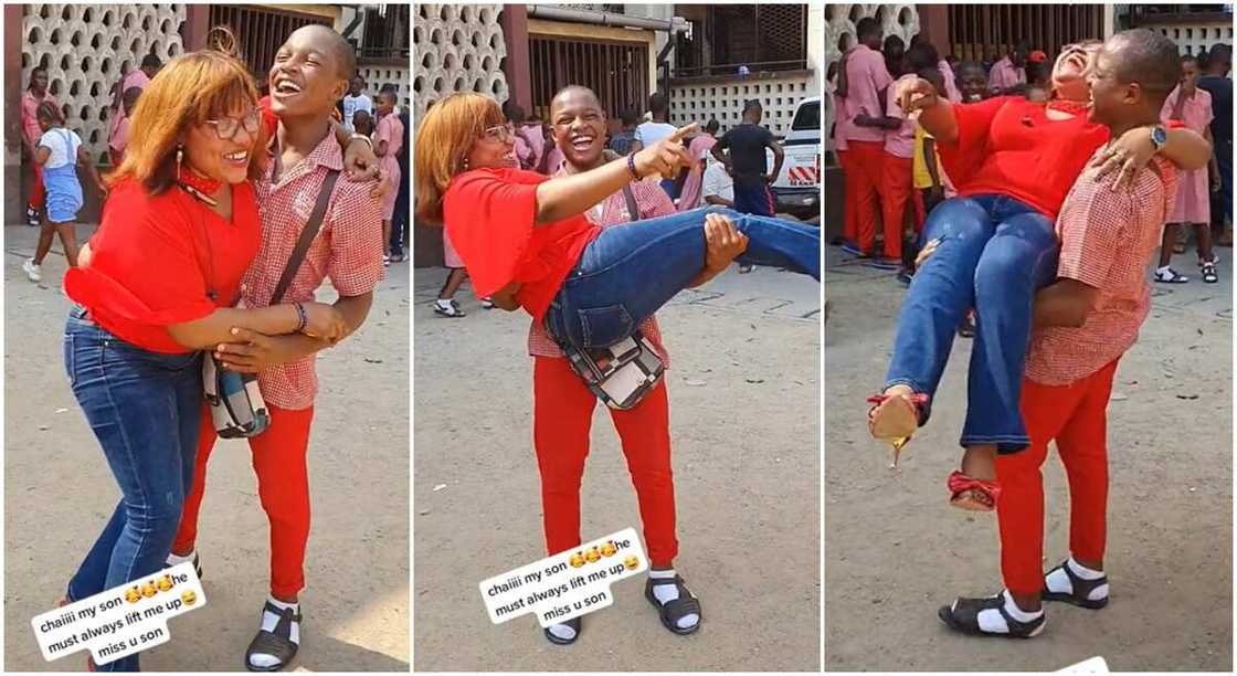 Photos of a schoolboy lifting up his mother.