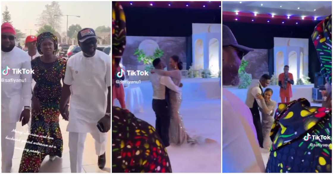 Bride kneels down to greet Mercy Johnson during her wedding. Bride kneels down to greet Mercy Johnson during her wedding.