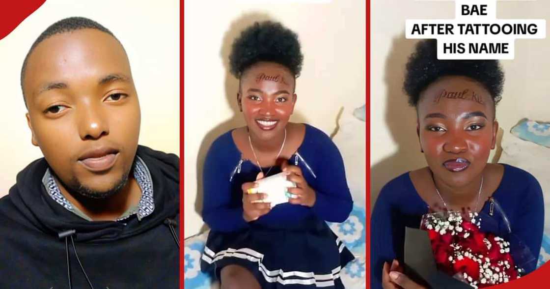The first frame from the left shows a selfie of Paul Kibe. The other two frames show Lizah Njeri happily receiving gifts from Paul. The first frame from the left shows a selfie of Paul Kibe. The other two frames show Lizah Njeri happily receiving gifts from Paul.