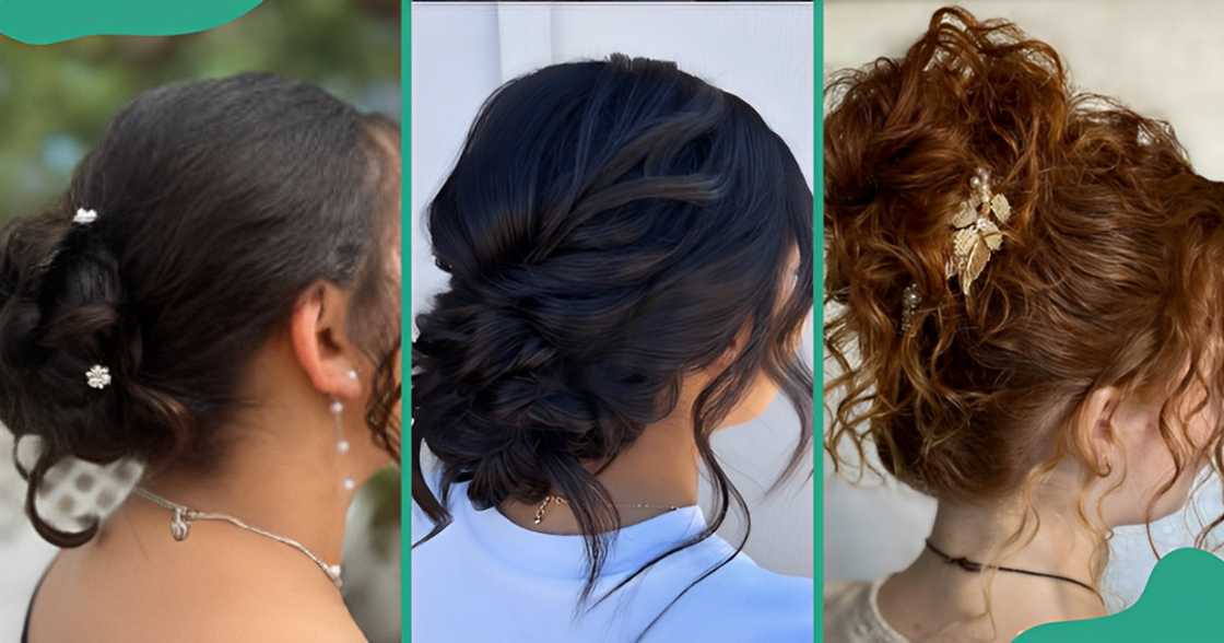 Loose high and low buns with cascading curly strands. Loose high and low buns with cascading curly strands.
